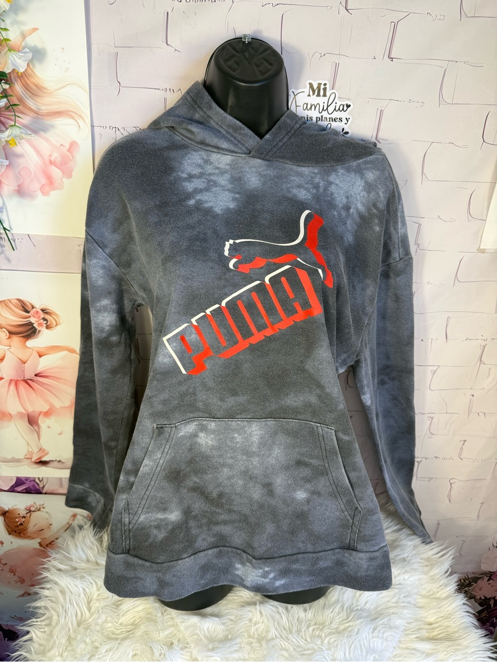 Puma Women's Gray Tie-Dye Hoodie with Red Logo